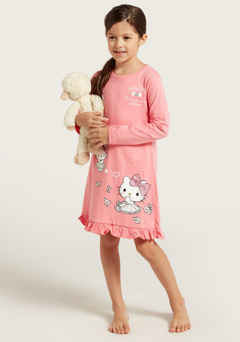Sanrio Hello Kitty Print Night Dress with Long Sleeves-Nightwear-image-0