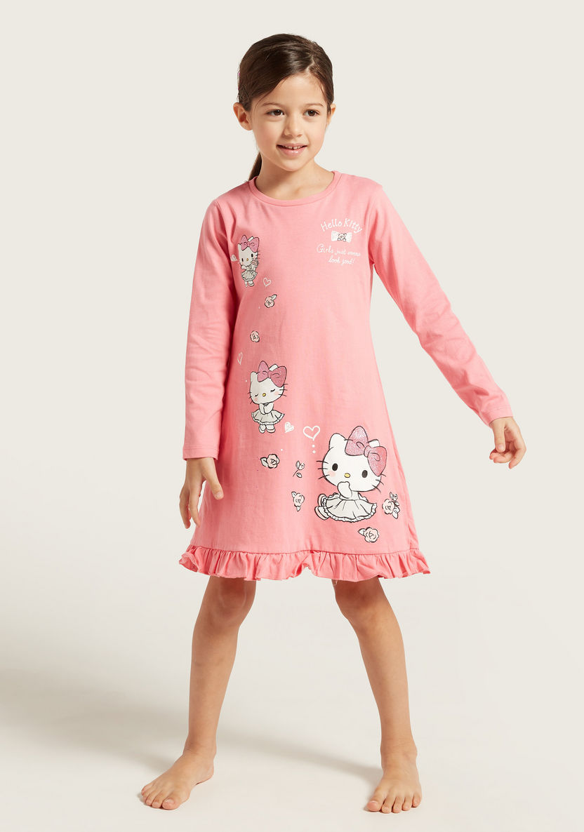 Sanrio Hello Kitty Print Night Dress with Long Sleeves-Nightwear-image-1