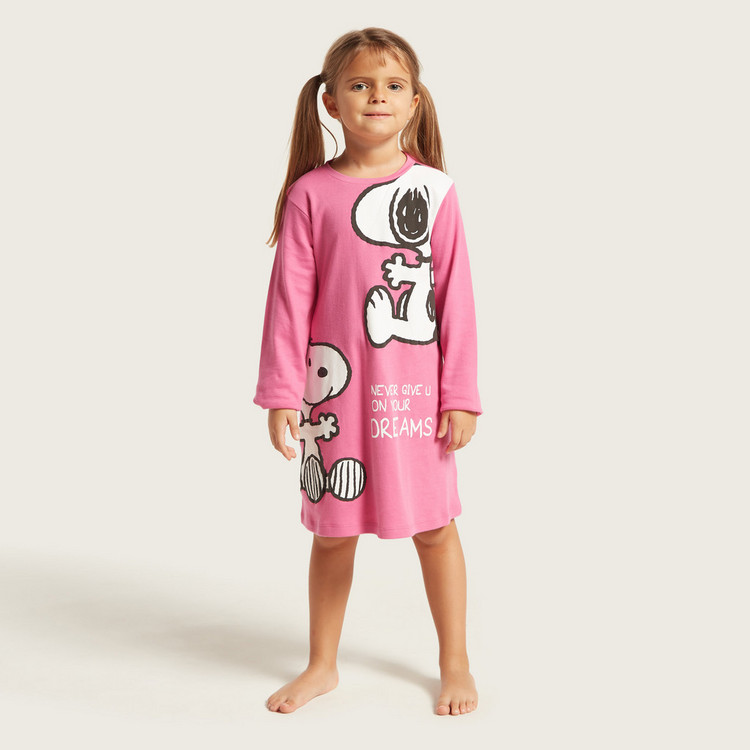 Snoopy Print Night Dress with Long Sleeves
