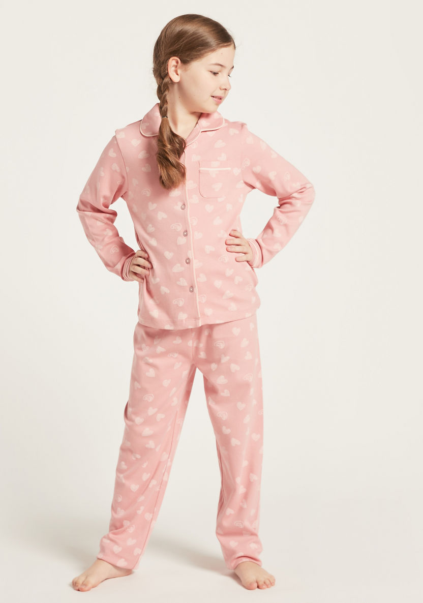 Juniors Heart Print Shirt and Full Length Pyjama Set-Nightwear-image-1