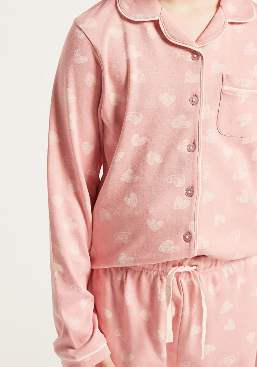 Juniors Heart Print Shirt and Full Length Pyjama Set-Nightwear-image-2
