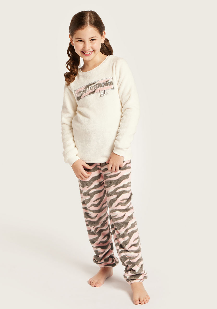 Juniors Text Embroidered Sweatshirt and Pyjama Set-Nightwear-image-0