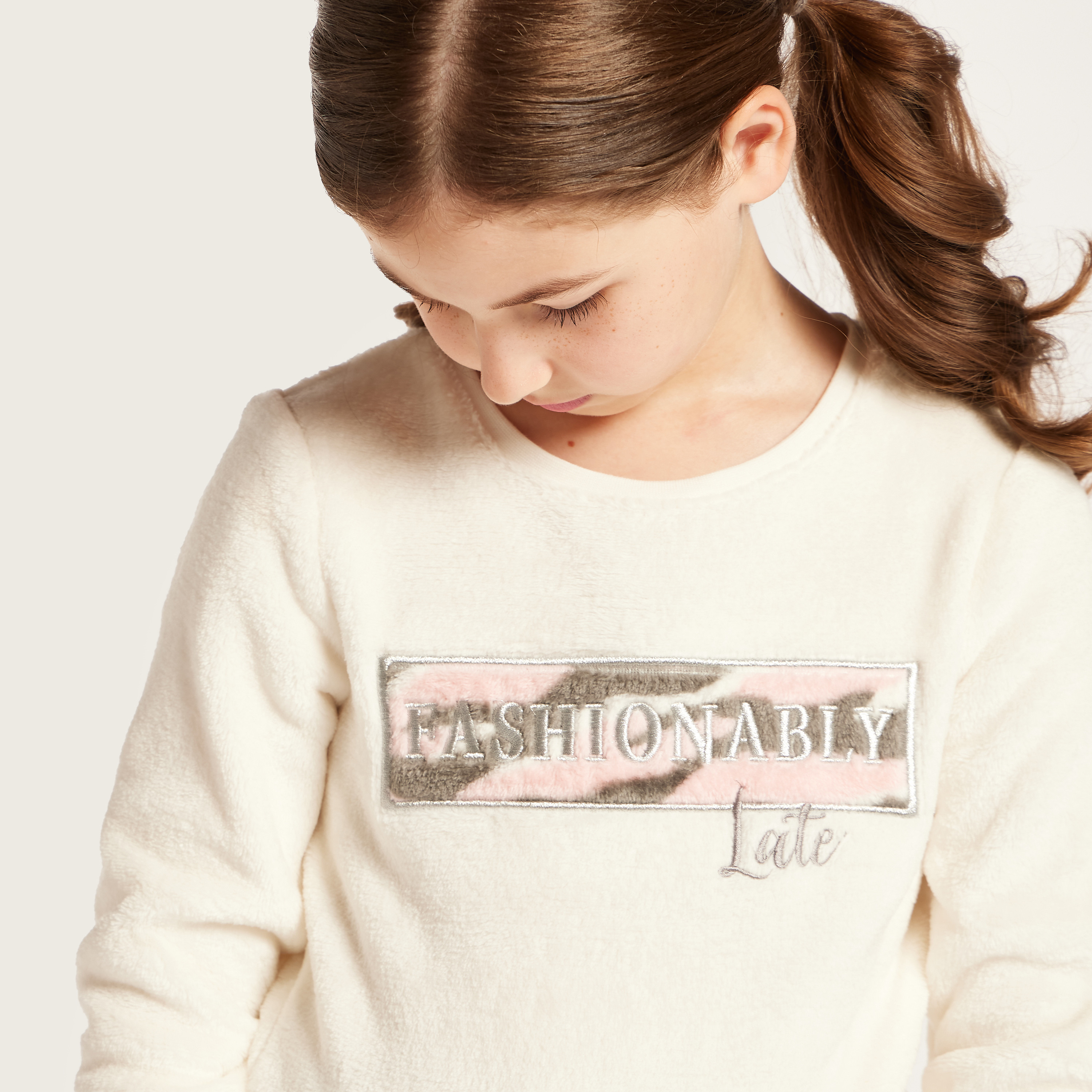 Juniors Text Embroidered Sweatshirt and Pyjama Set-girls-clothing-nightwear-image-2