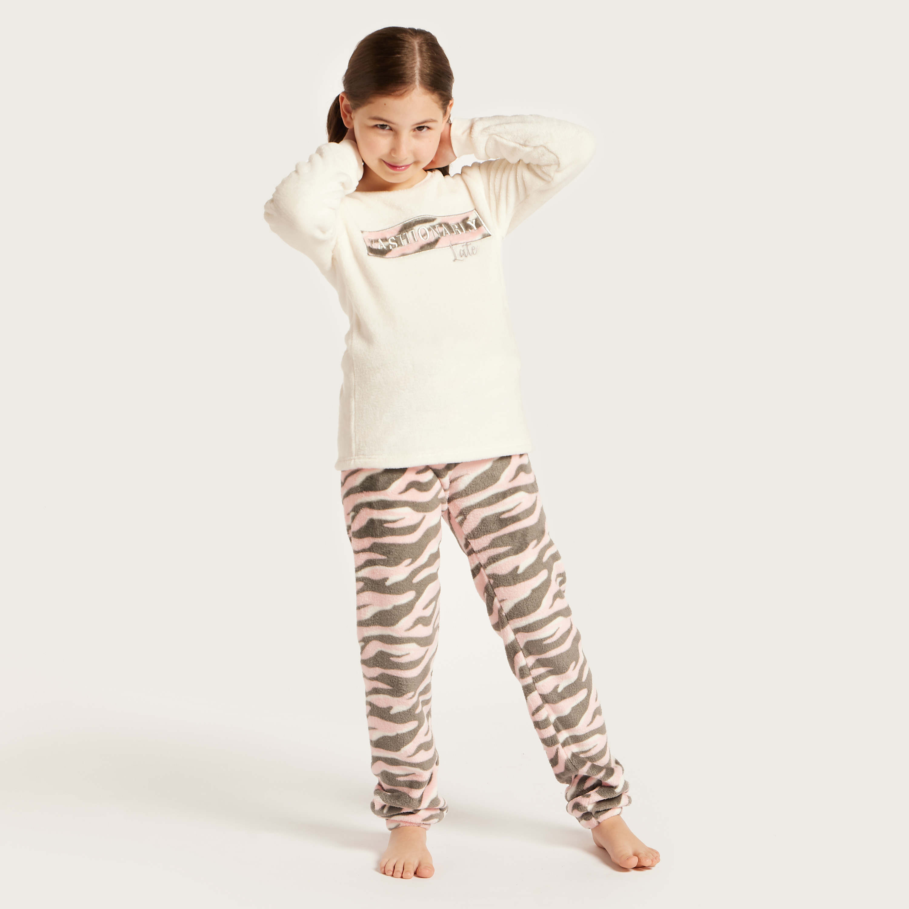 Juniors Text Embroidered Sweatshirt and Pyjama Set-girls-clothing-nightwear-image-4