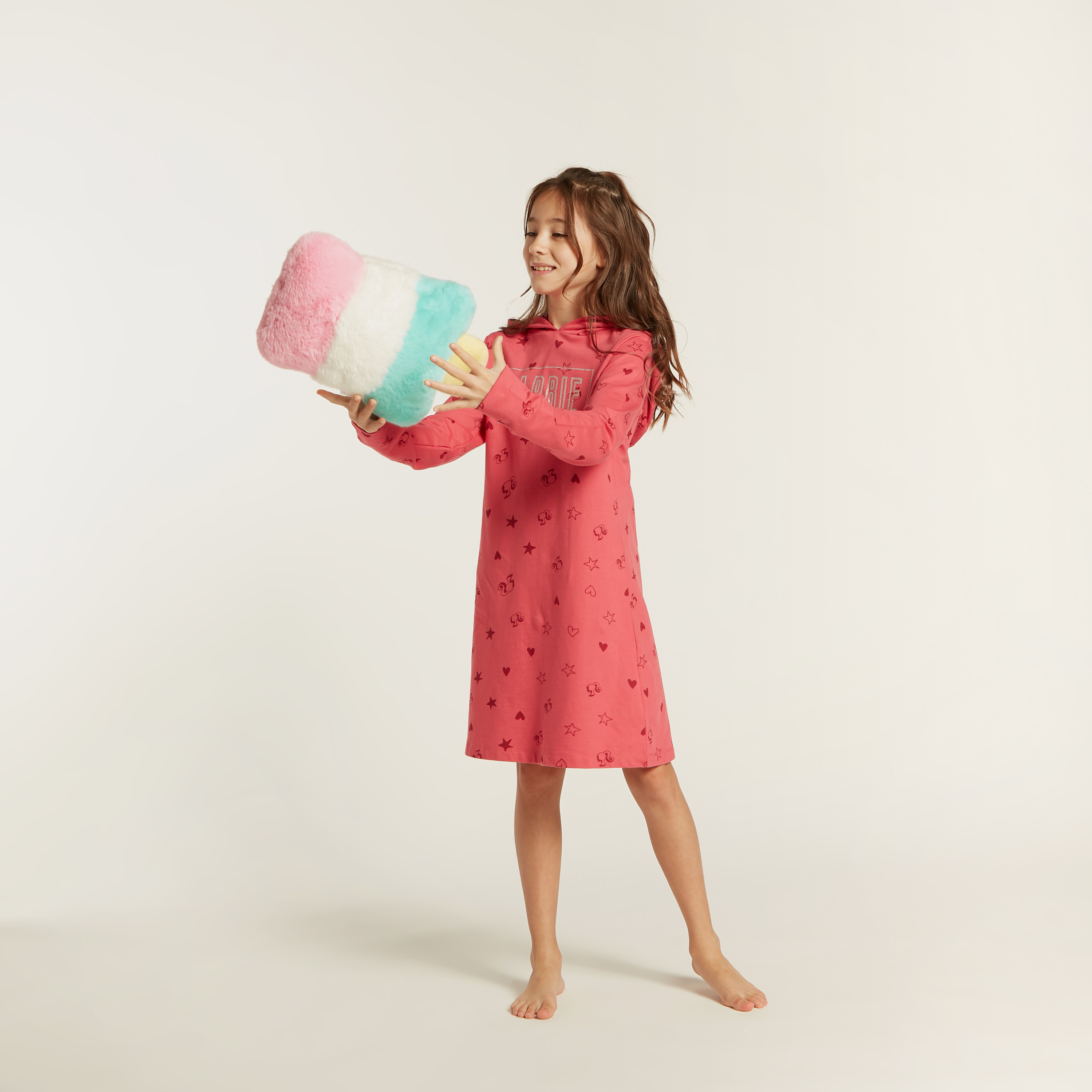 Barbie Print Sleep Dress with Hooded Neck and Long Sleeves-girls-clothing-nightwear-image-1