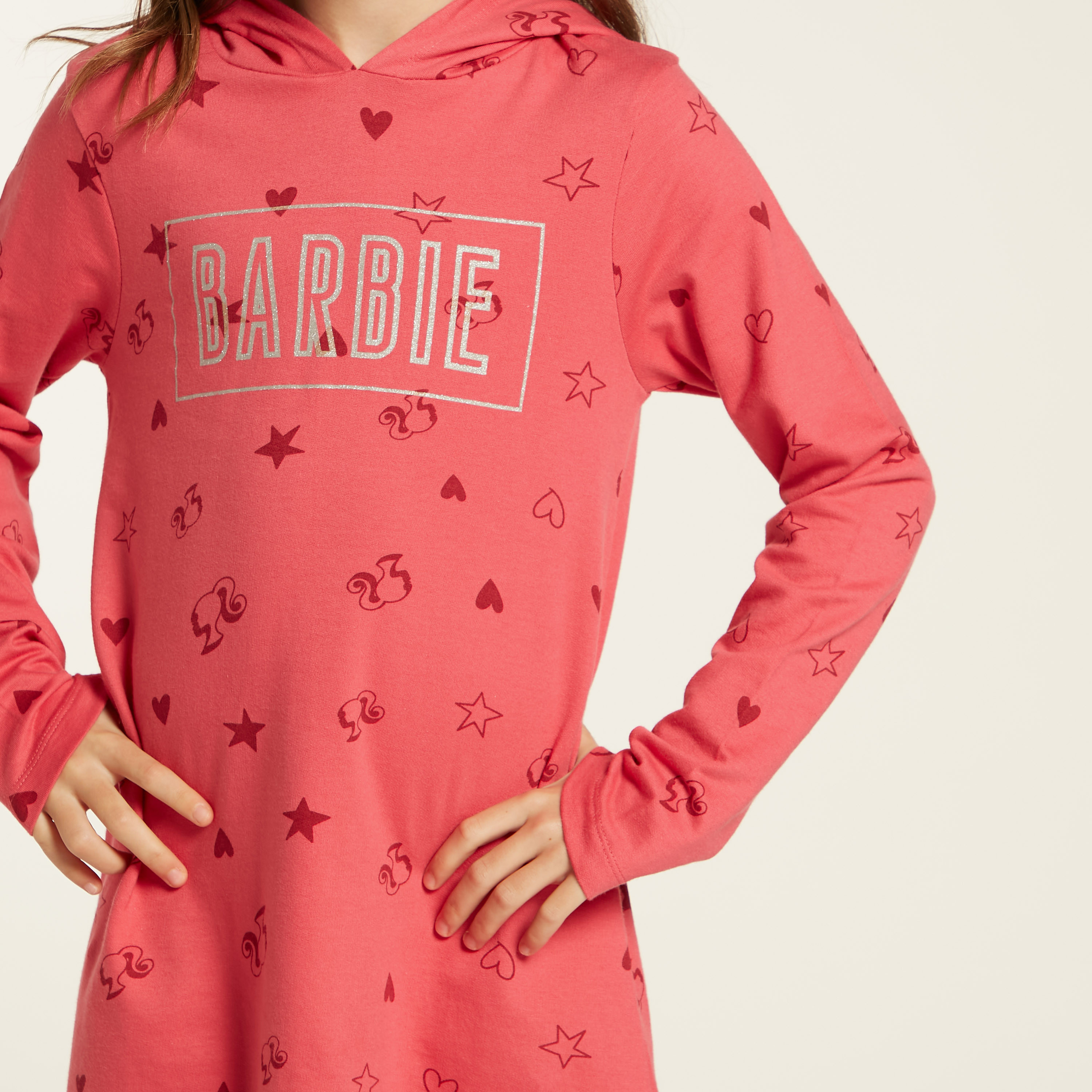 Barbie Print Sleep Dress with Hooded Neck and Long Sleeves-girls-clothing-nightwear-image-3