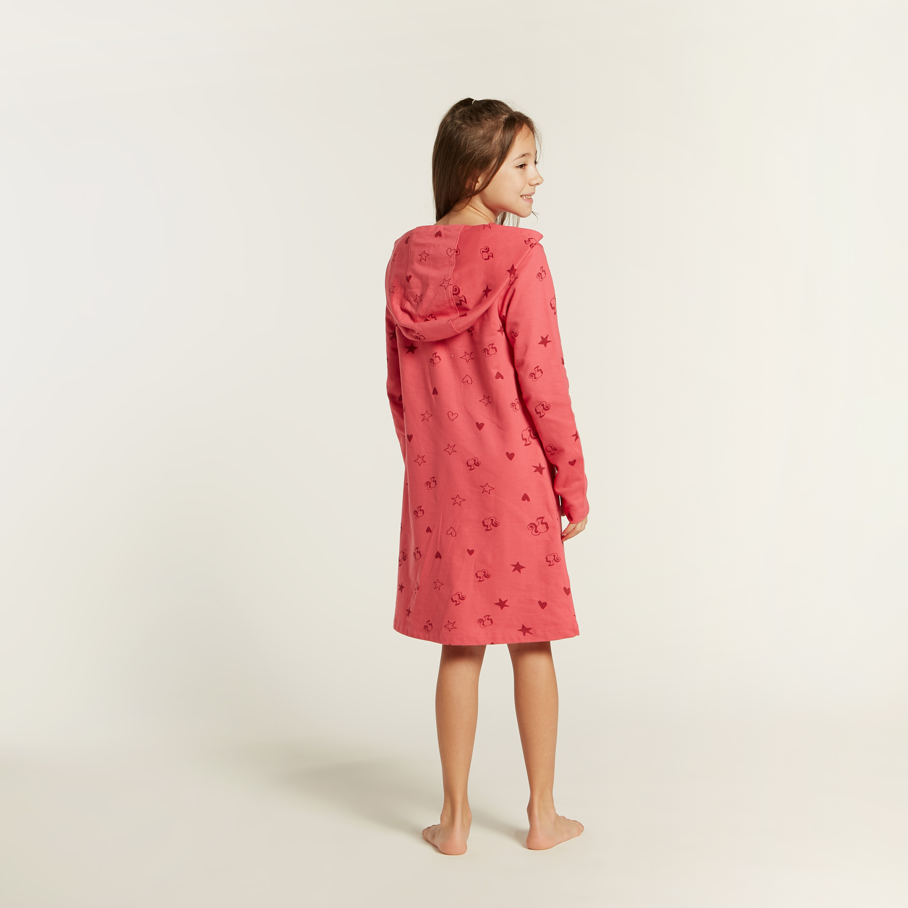 Barbie Print Sleep Dress with Hooded Neck and Long Sleeves-girls-clothing-nightwear-image-4