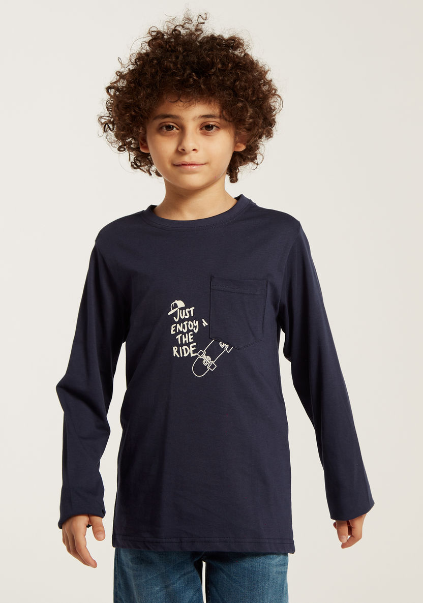 Juniors Graphic Print T-shirt with Long Sleeves and Pocket Detail-T Shirts-image-1