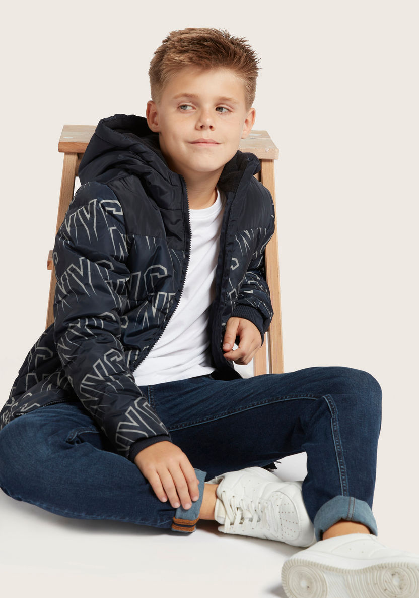 Juniors Printed Zip Through Padded Jacket with Long Sleeves and Hood-Coats and Jackets-image-0