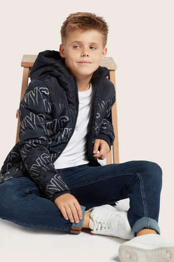 Juniors Printed Zip Through Padded Jacket with Long Sleeves and Hood