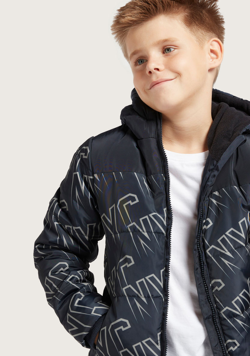 Juniors Printed Zip Through Padded Jacket with Long Sleeves and Hood-Coats and Jackets-image-2