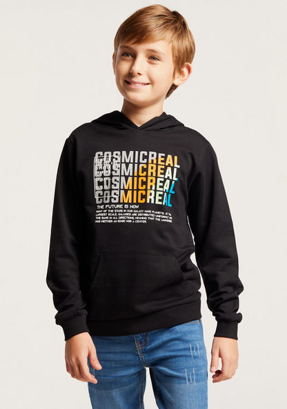 Juniors Graphic Print Hooded Pullover with Long Sleeves and Pockets