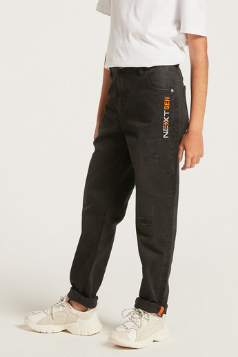 Juniors Printed Denim Pants with Pockets and Button Closure