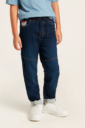 Lee Cooper Solid Denim Jog Pants with Drawstring Closure and Pockets