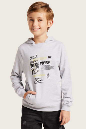 NASA Graphic Print Hooded Pullover with Long Sleeves and Pockets