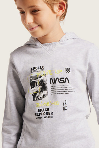 NASA Graphic Print Hooded Pullover with Long Sleeves and Pockets