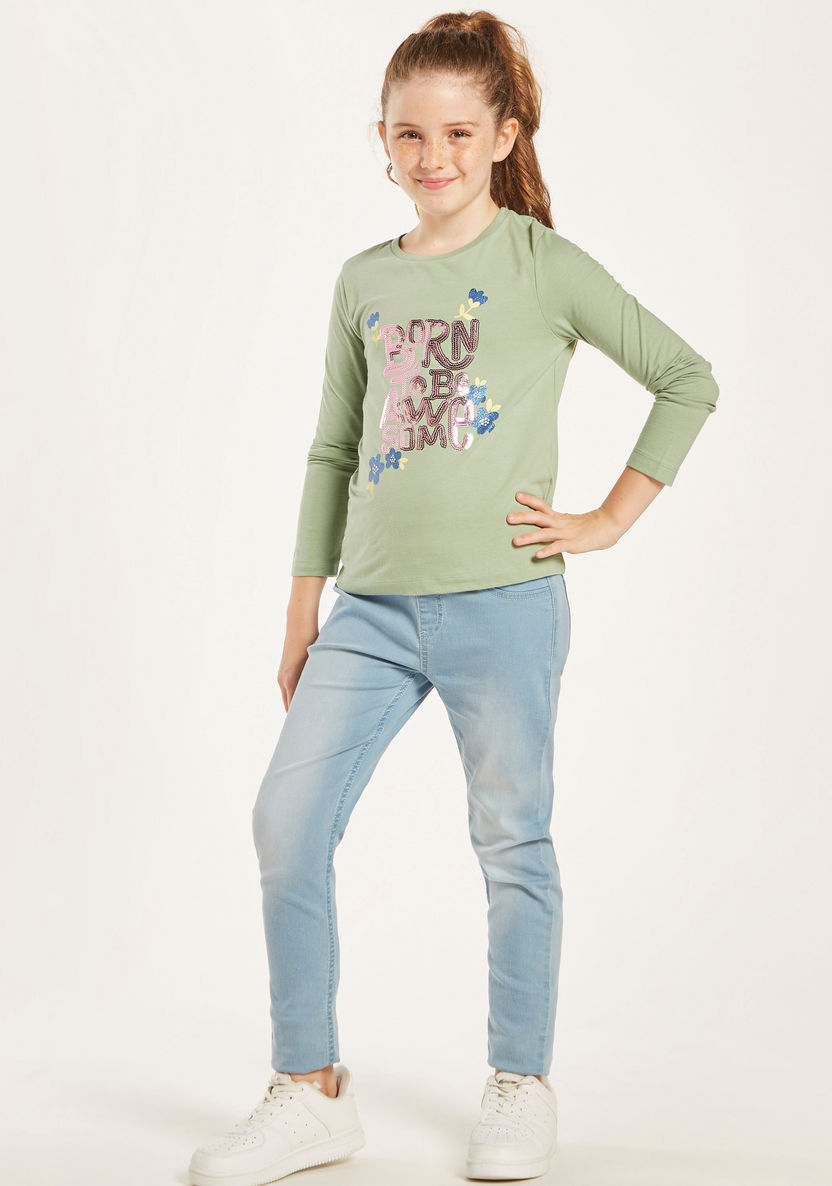 Juniors Embellished T-shirt with Long Sleeves-T Shirts-image-0