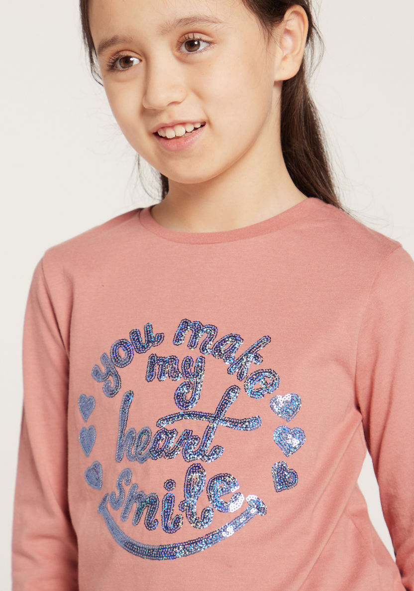 Juniors Graphic Print T-shirt with Long Sleeves and Sequin Detail-T Shirts-image-1