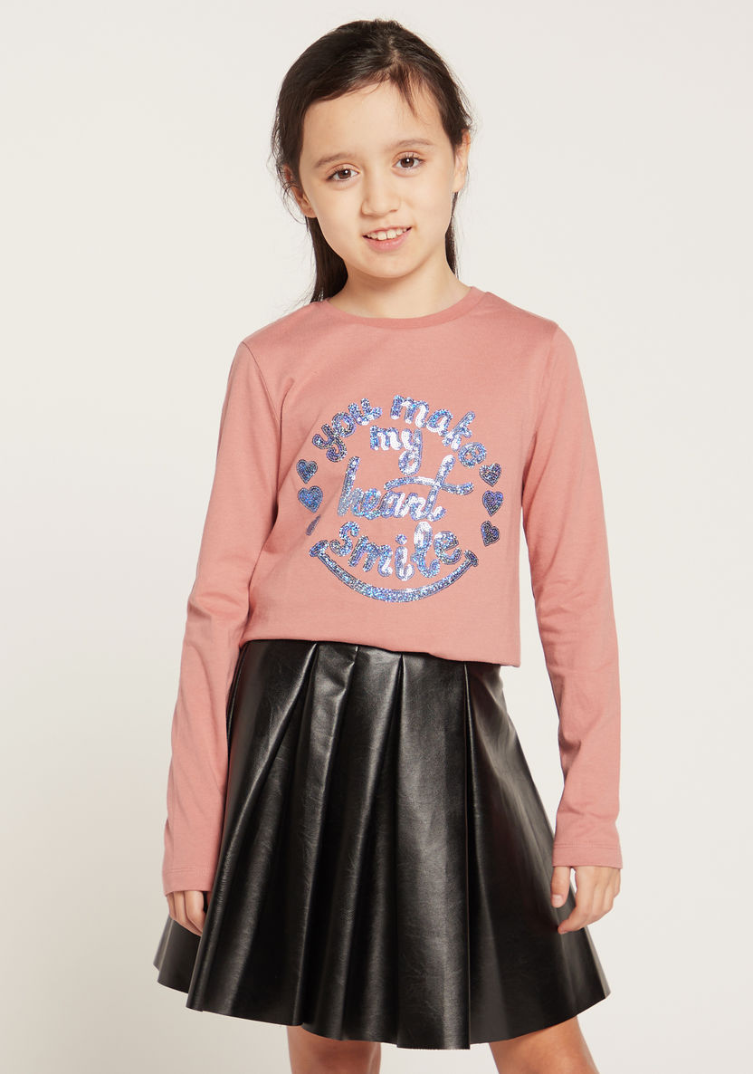 Juniors Graphic Print T-shirt with Long Sleeves and Sequin Detail-T Shirts-image-3