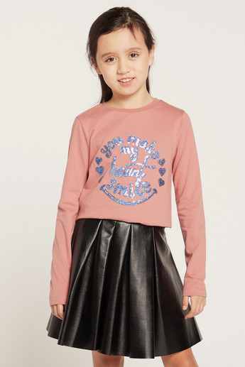 Juniors Graphic Print T-shirt with Long Sleeves and Sequin Detail