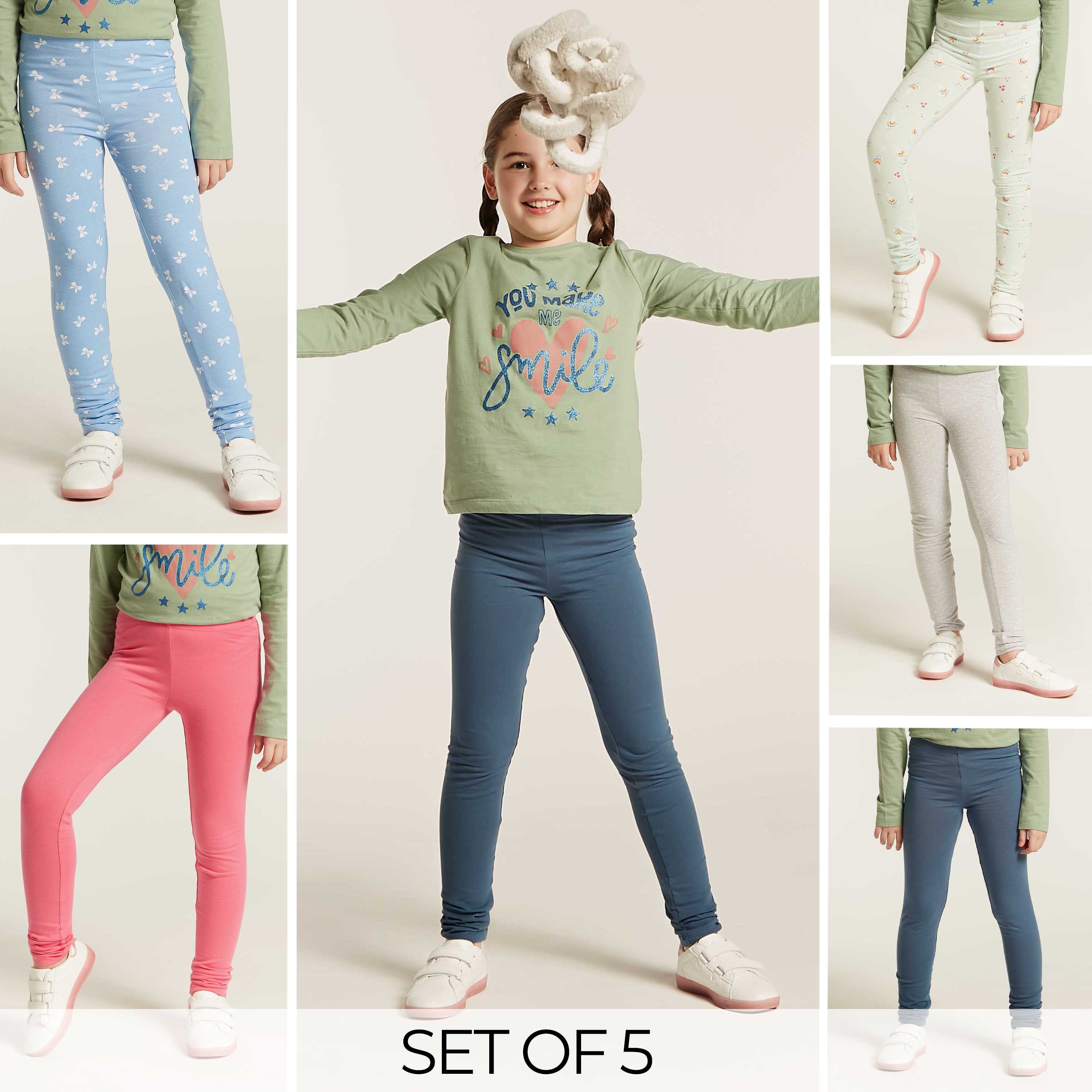 Juniors Assorted Leggings with Elasticated Waistband - Set of 5-girls-clothing-multipacks-image-1