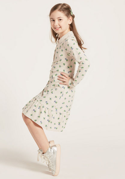 Juniors All-Over Floral Print Knit Dress with Long Sleeves and Polo Neck