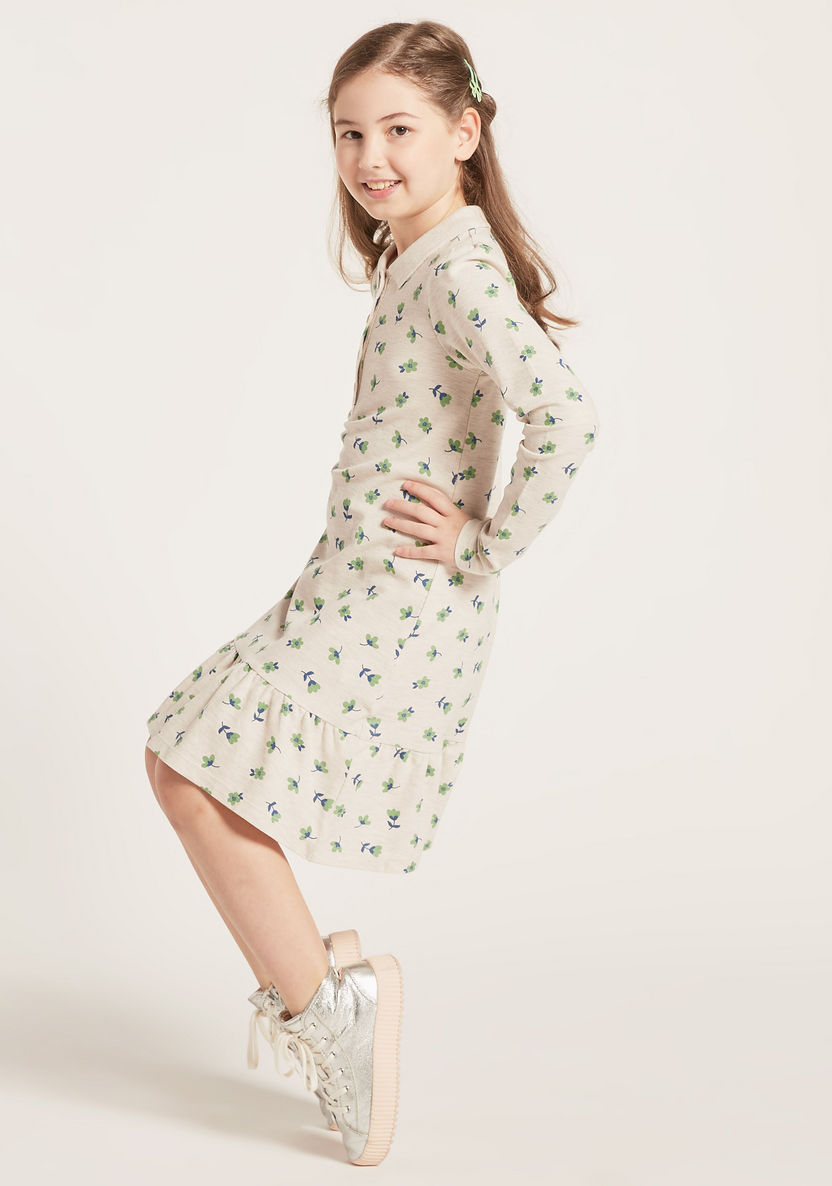 Juniors All-Over Floral Print Knit Dress with Long Sleeves and Polo Neck-Dresses%2C Gowns and Frocks-image-1