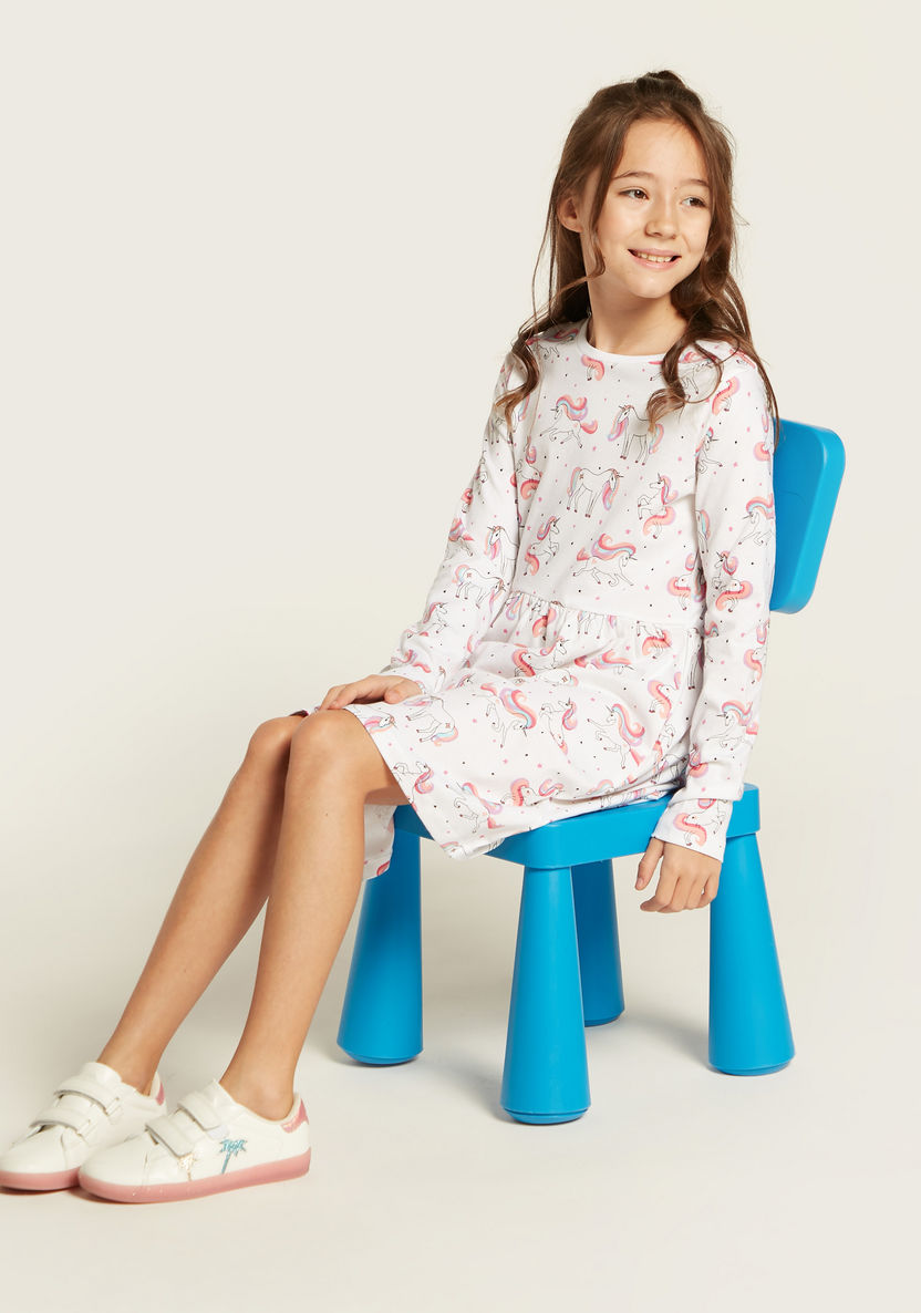 Juniors Unicorn Print Round Neck Dress with Long Sleeves-Dresses%2C Gowns and Frocks-image-1