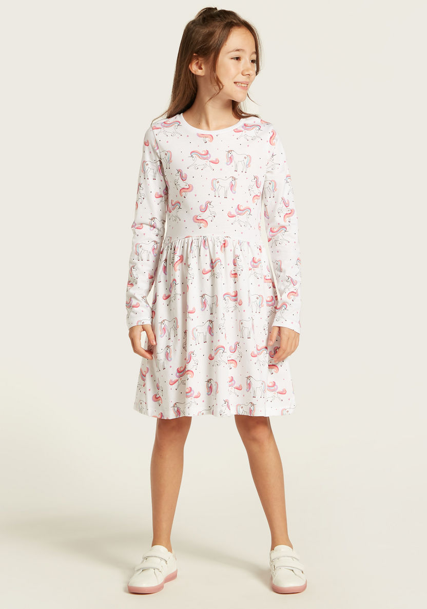 Juniors Unicorn Print Round Neck Dress with Long Sleeves-Dresses%2C Gowns and Frocks-image-2