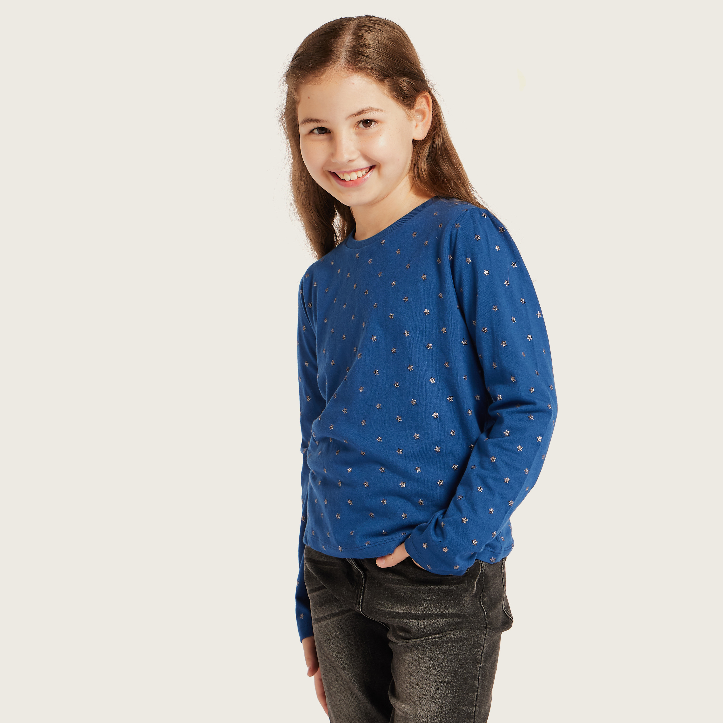 Juniors All-Over Printed T-shirt with Long Sleeves-girls-clothing-schoolwear-tshirts-image-1