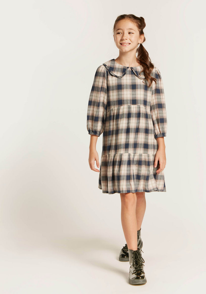 Juniors Checked Dress with Three Quarter Sleeves-Dresses%2C Gowns and Frocks-image-1