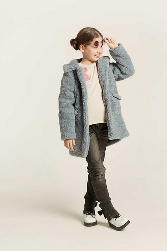 Juniors Solid Fur Jacket with Long Sleeves and Pockets