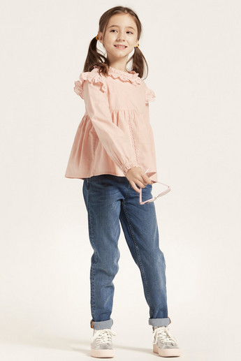 Ruffled Top with Crew Neck and Long Sleeves