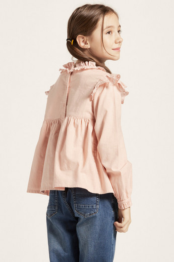 Ruffled Top with Crew Neck and Long Sleeves