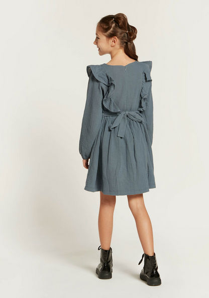 Textured Round Neck Dress with Long Sleeves and Waist Tie-Up