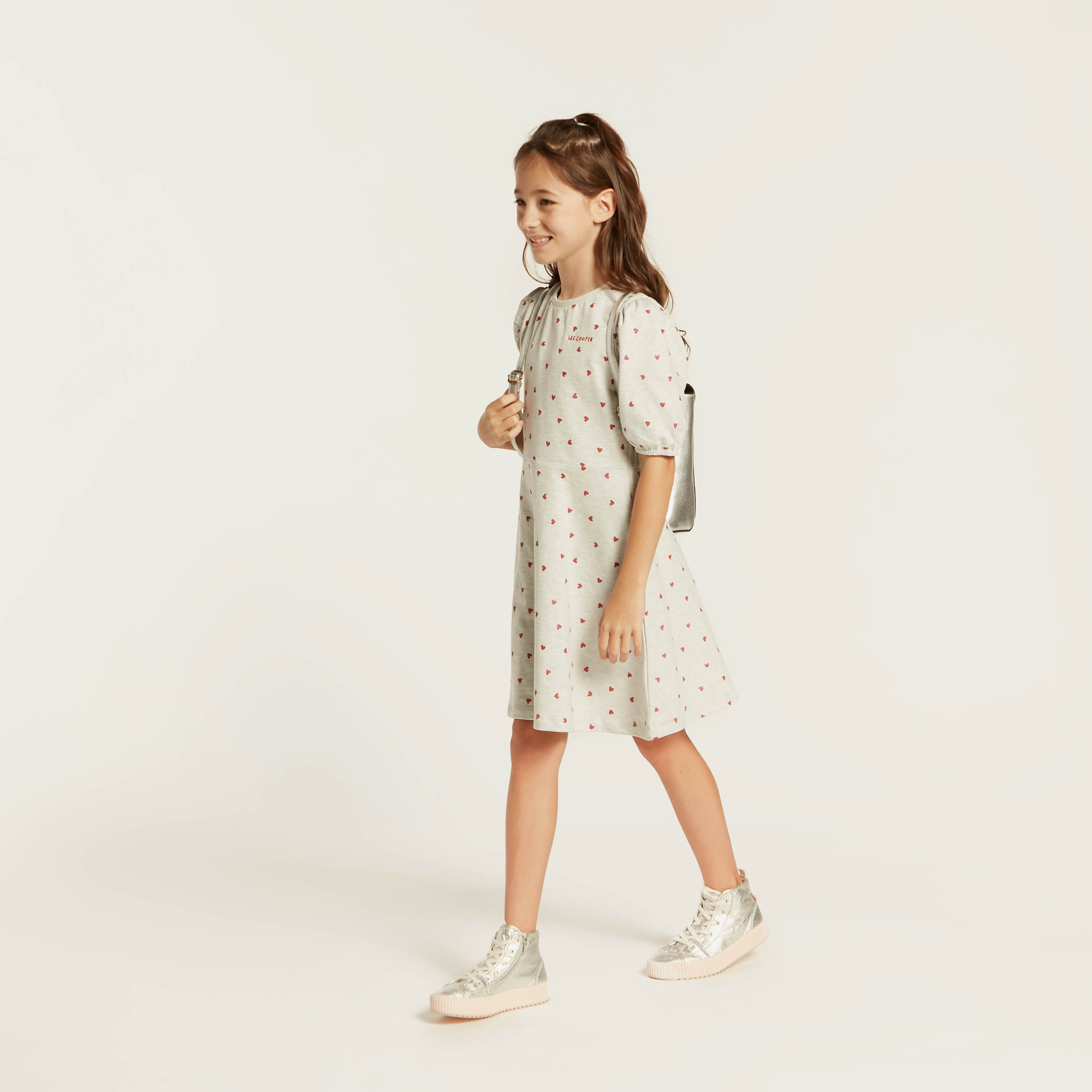 Lee Cooper Heart Print Dress with Puff Sleeves and Round Neck-girls-clothing-dressesandjumpsuits-image-1