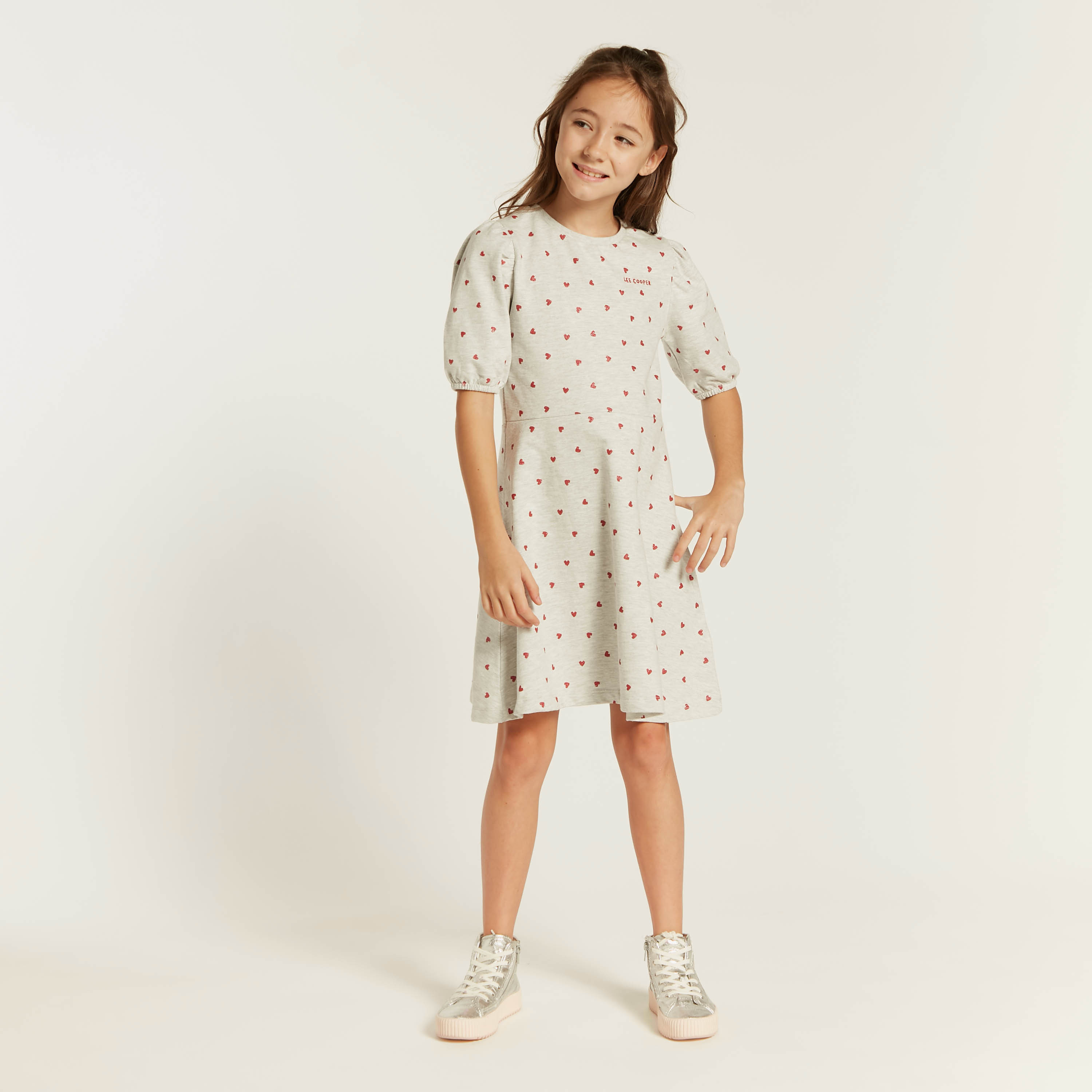 Lee Cooper Heart Print Dress with Puff Sleeves and Round Neck-girls-clothing-dressesandjumpsuits-image-2