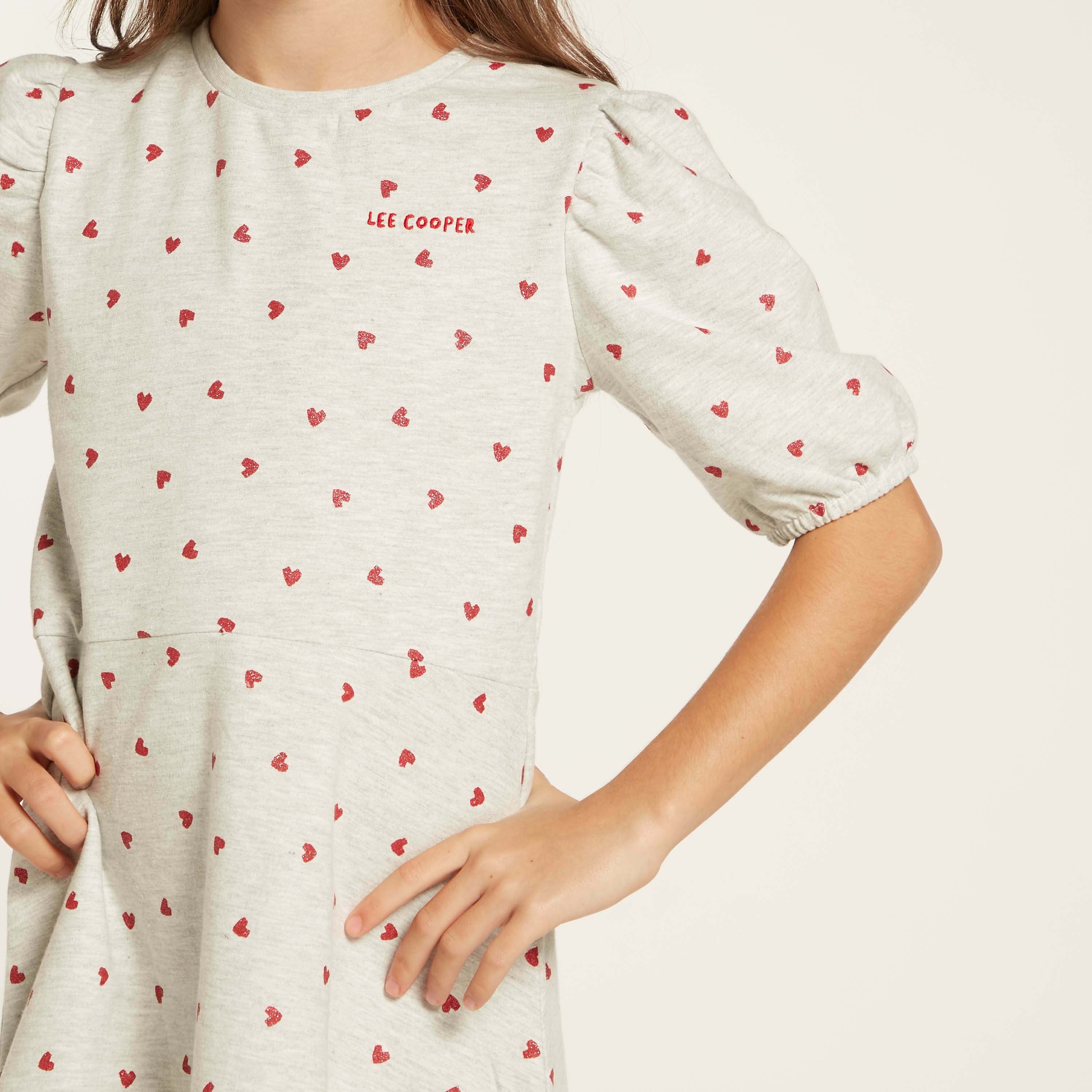 Lee Cooper Heart Print Dress with Puff Sleeves and Round Neck-girls-clothing-dressesandjumpsuits-image-3
