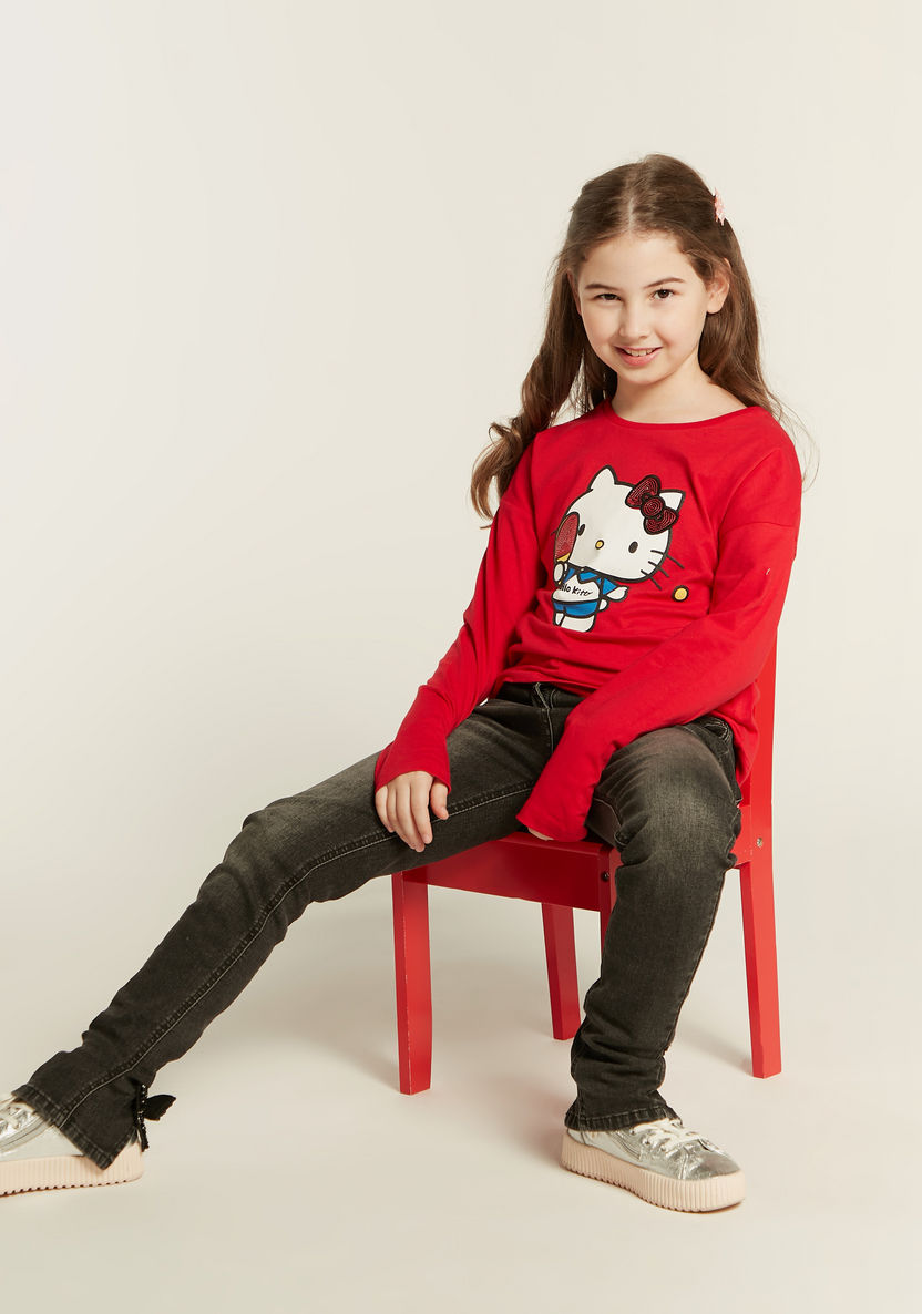 Sanrio Hello Kitty Print T-shirt with Long Sleeves and Sequin Detail-T Shirts-image-0