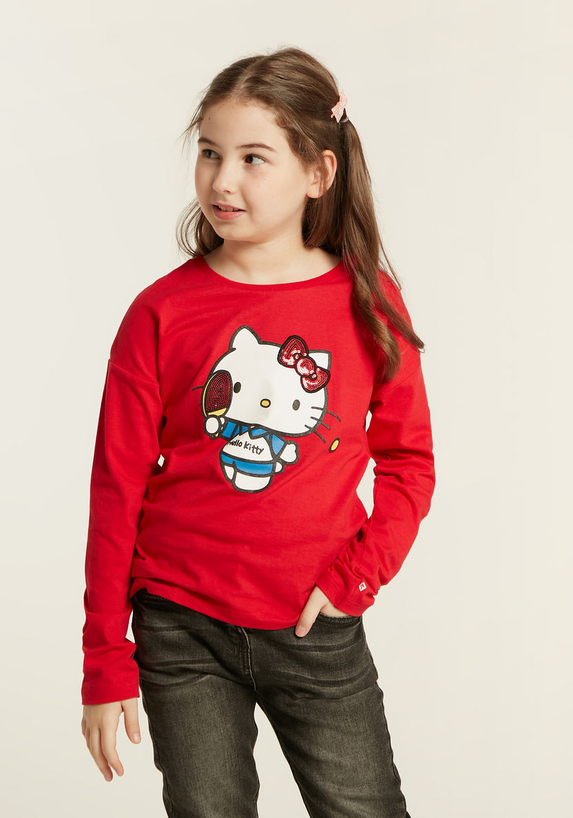 Sanrio Hello Kitty Print T-shirt with Long Sleeves and Sequin Detail-T Shirts-image-1