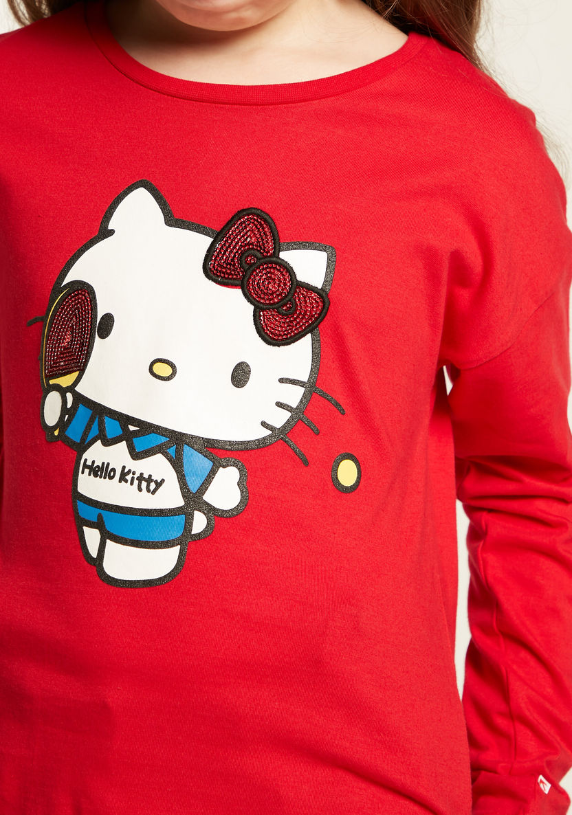 Sanrio Hello Kitty Print T-shirt with Long Sleeves and Sequin Detail-T Shirts-image-2