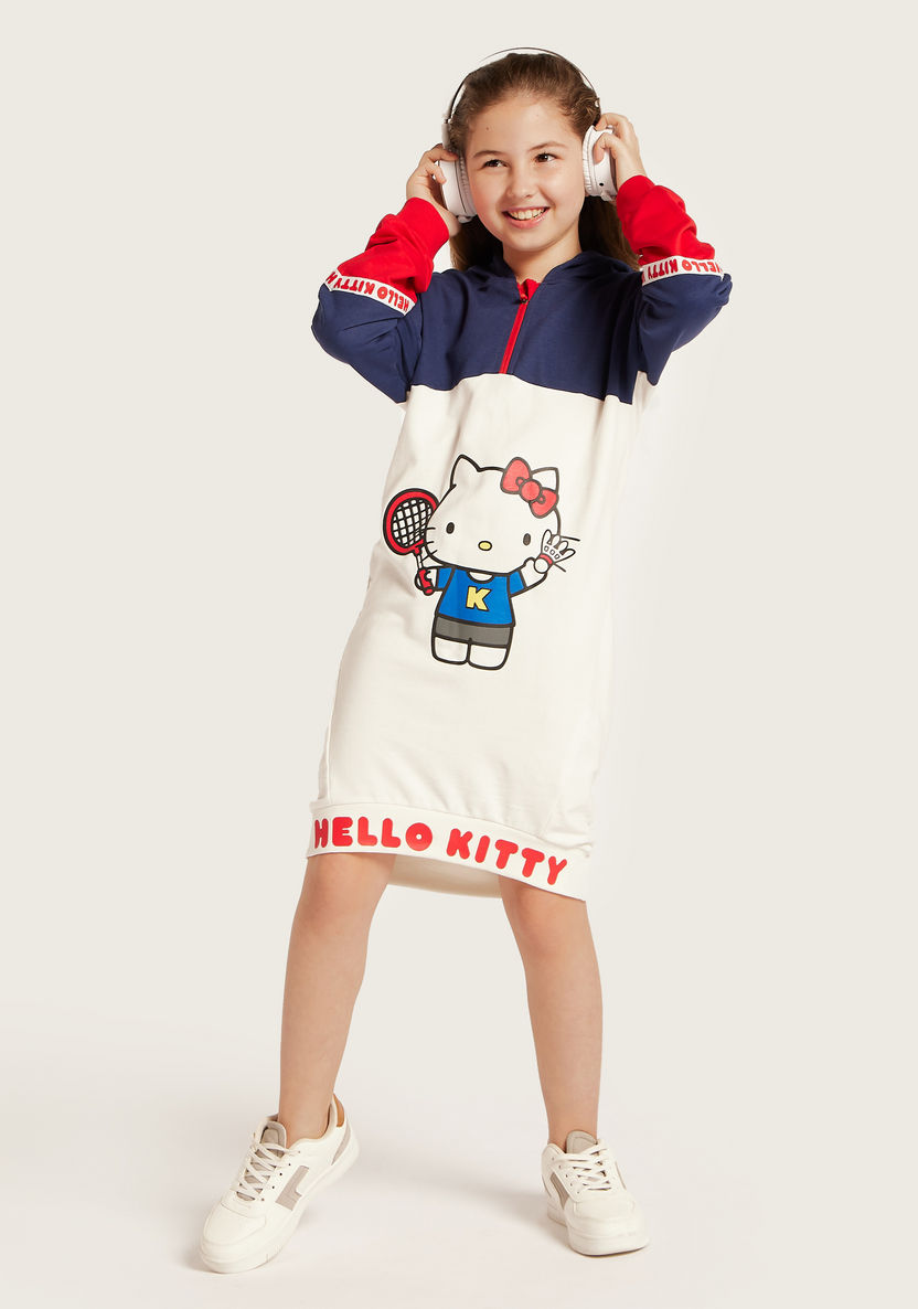 Sanrio Hello Kitty Print Knit Dress with Hood and Long Sleeves-Dresses%2C Gowns and Frocks-image-0