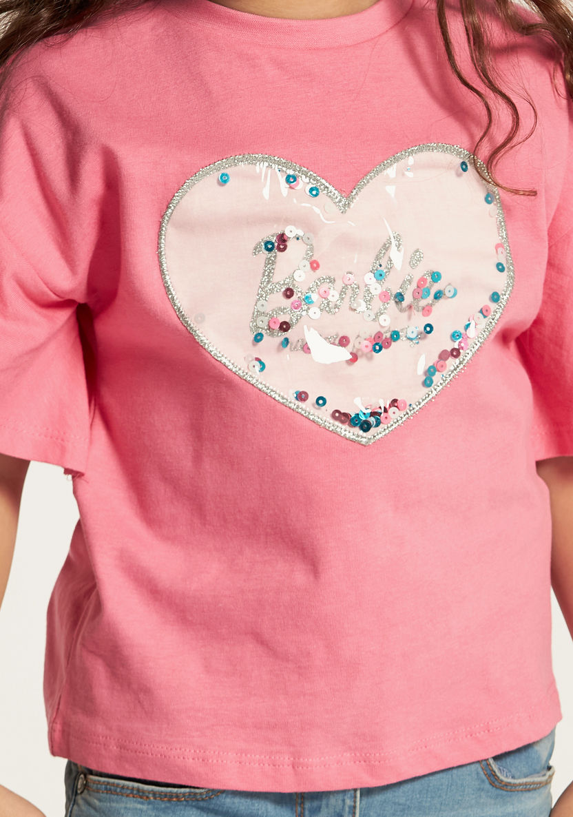 Barbie Print Crew Neck Top with Short Sleeves and Bow Detail-T Shirts-image-2