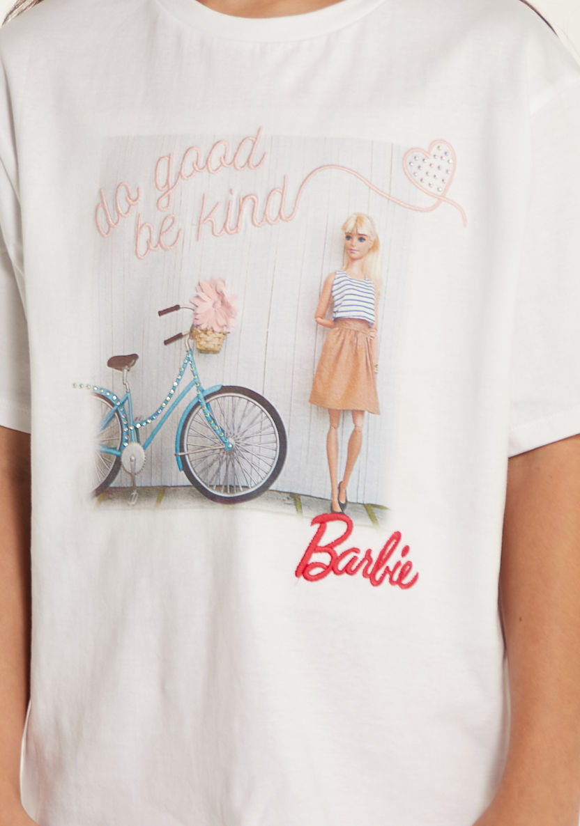 Barbie Print Crew Neck T-shirt and Shorts Set-T Shirts-image-2