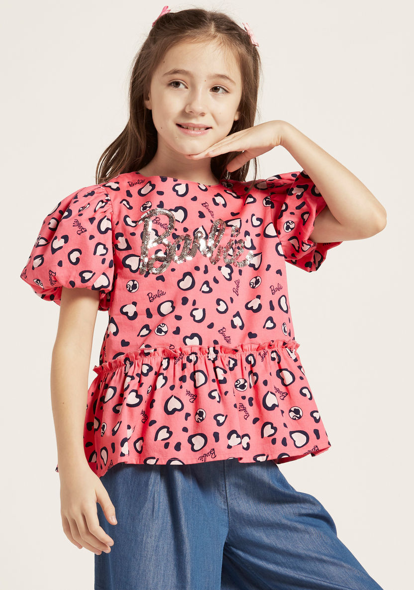 Mattel Heart Print Peplum Top with Short Sleeves and Embellished Detailing-Blouses-image-1