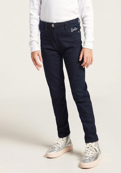 Barbie Embroidered Jeans with Pockets and Button Closure