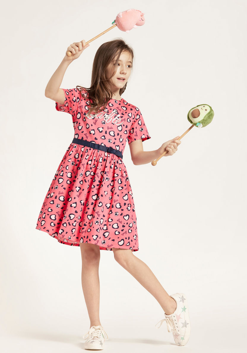 Barbie Themed Heart Print Round Neck Dress with Short Sleeves-Dresses%2C Gowns and Frocks-image-0
