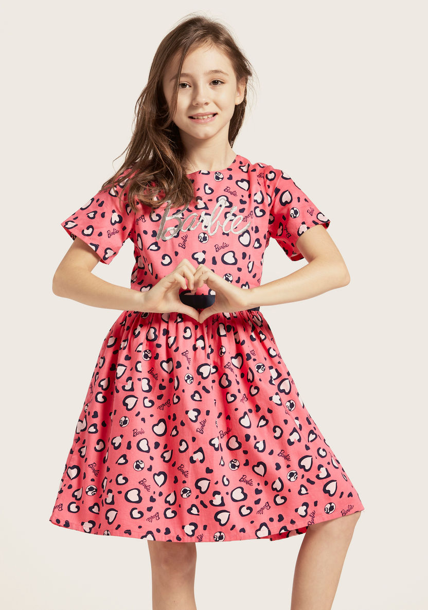 Barbie Themed Heart Print Round Neck Dress with Short Sleeves-Dresses%2C Gowns and Frocks-image-1