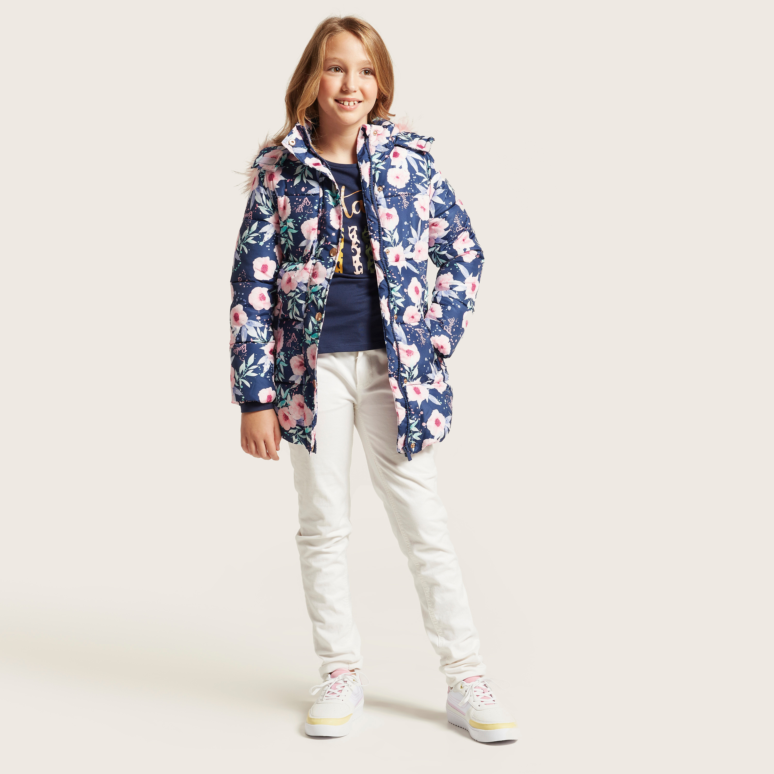 جاكيت بأكمام طويلة وطبعات أزهار من باربي-girls-clothing-winterwear-jacketsandcoats-image-1