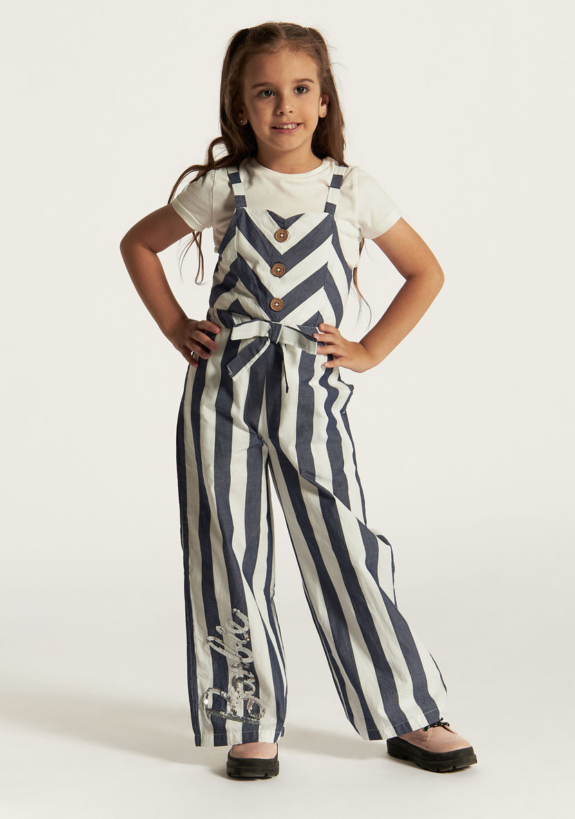 Solid Crew Neck T-shirt and Striped Jumpsuit Set-Clothes Sets-image-1